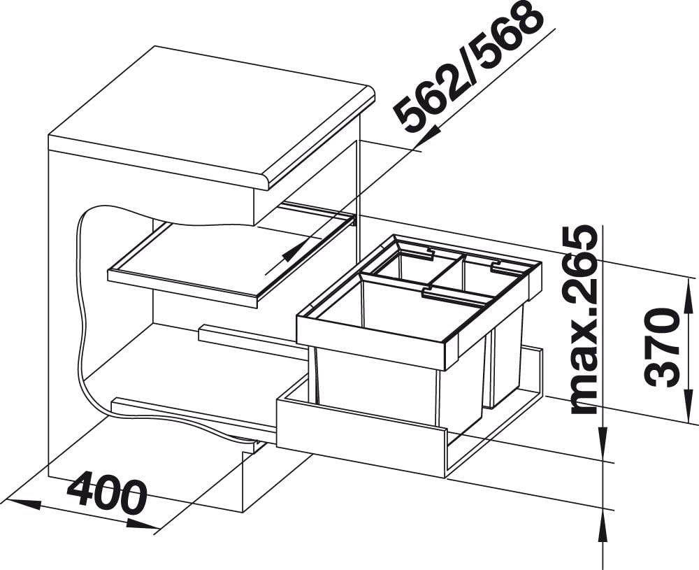 Flexon II XL 60/3, Einbau in Schubladen, 60er Unterschrank, 1x 30 Liter & 2x 8 Liter Eimer