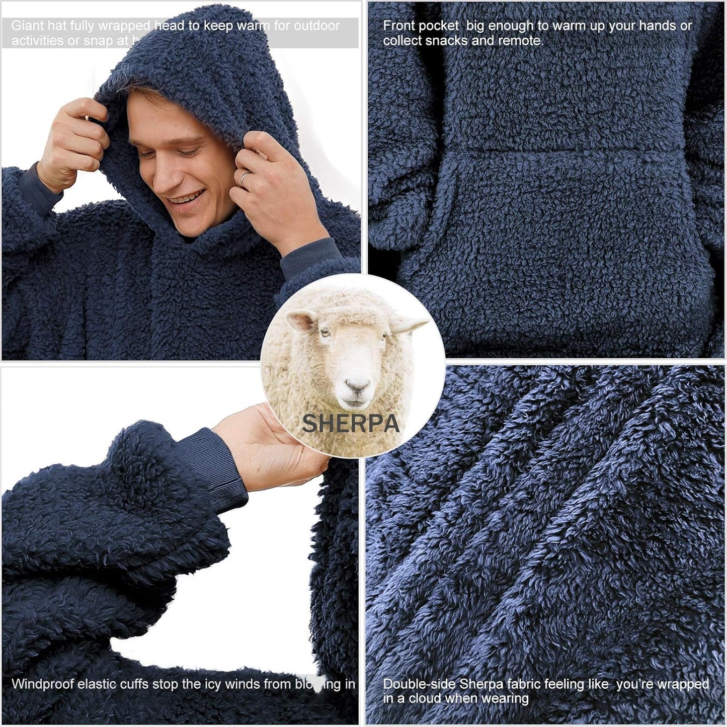 Übergrosse Sherpa-Decke mit Kapuze, Einheitsgröße Navy