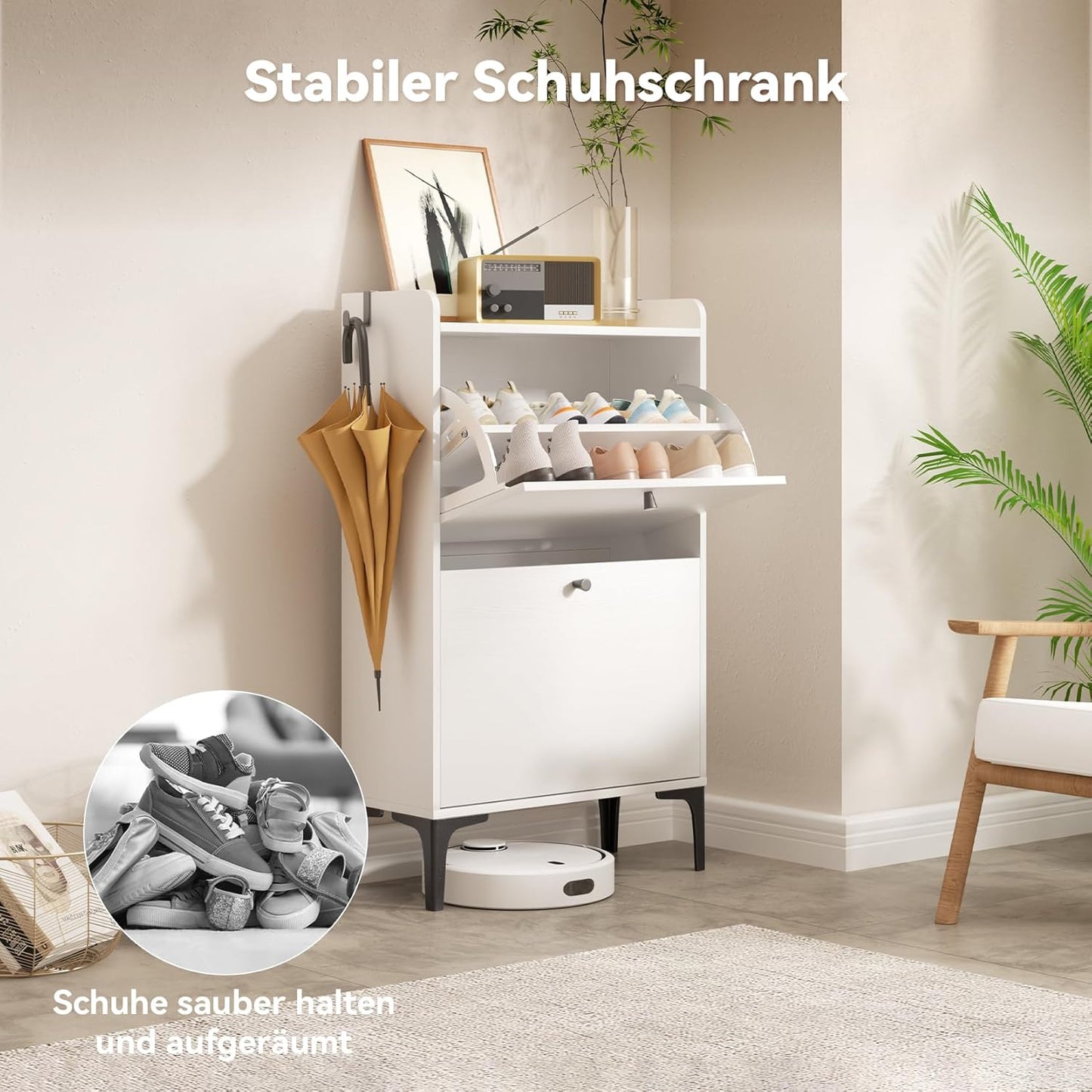 Schuhschrank mit 2 Flip-Schubladen, 60cm Weiß