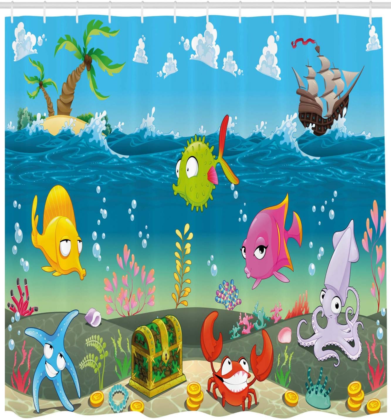 Cartoon Duschvorhang mit Meerestiere Unterwasser Motiven, H240 x B175 cm (1er Pack) Aqua Rosa