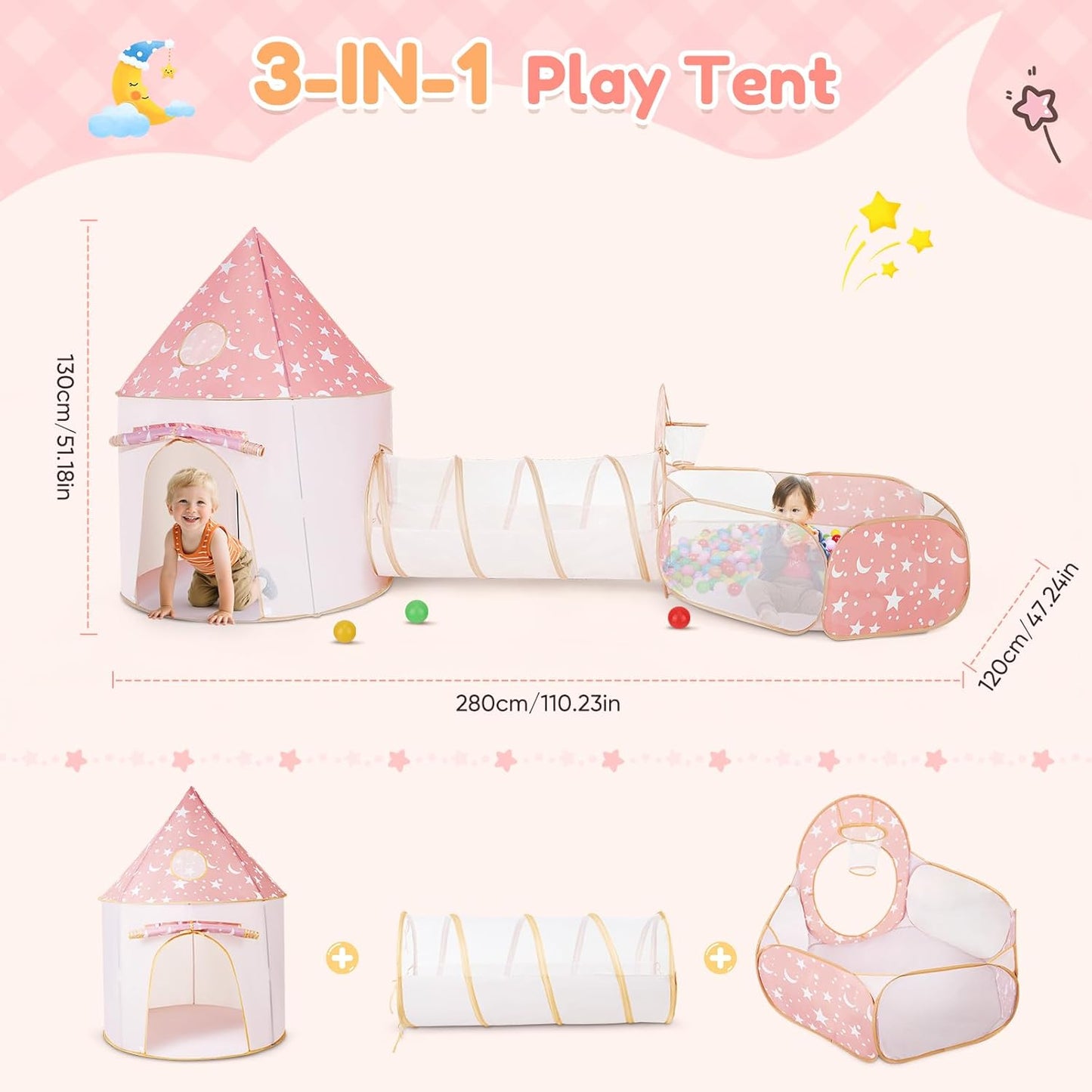 Spielzelt mit Tunnel und Bällebad, 3-in-1