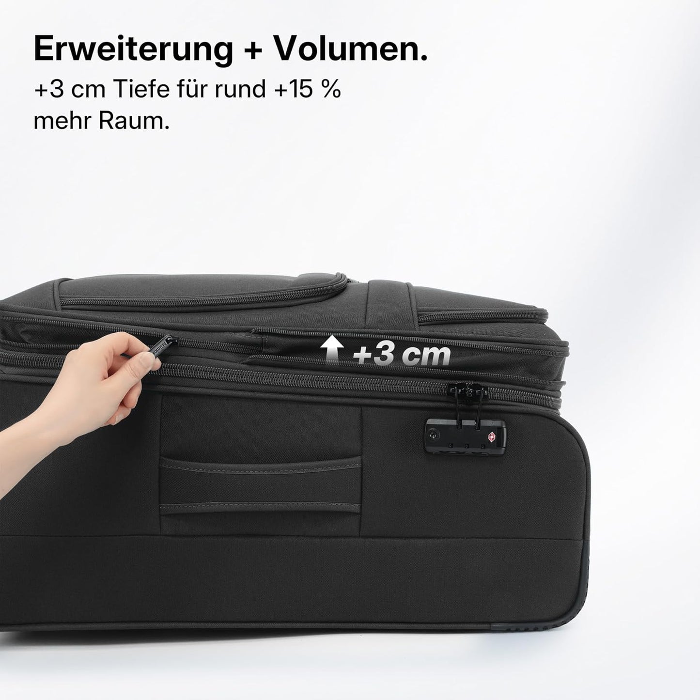 Erweiterbarer Stoffkoffer mit TSA-Schloss & Rollen, Schwarz Koffer L (69 cm) erweiterbar