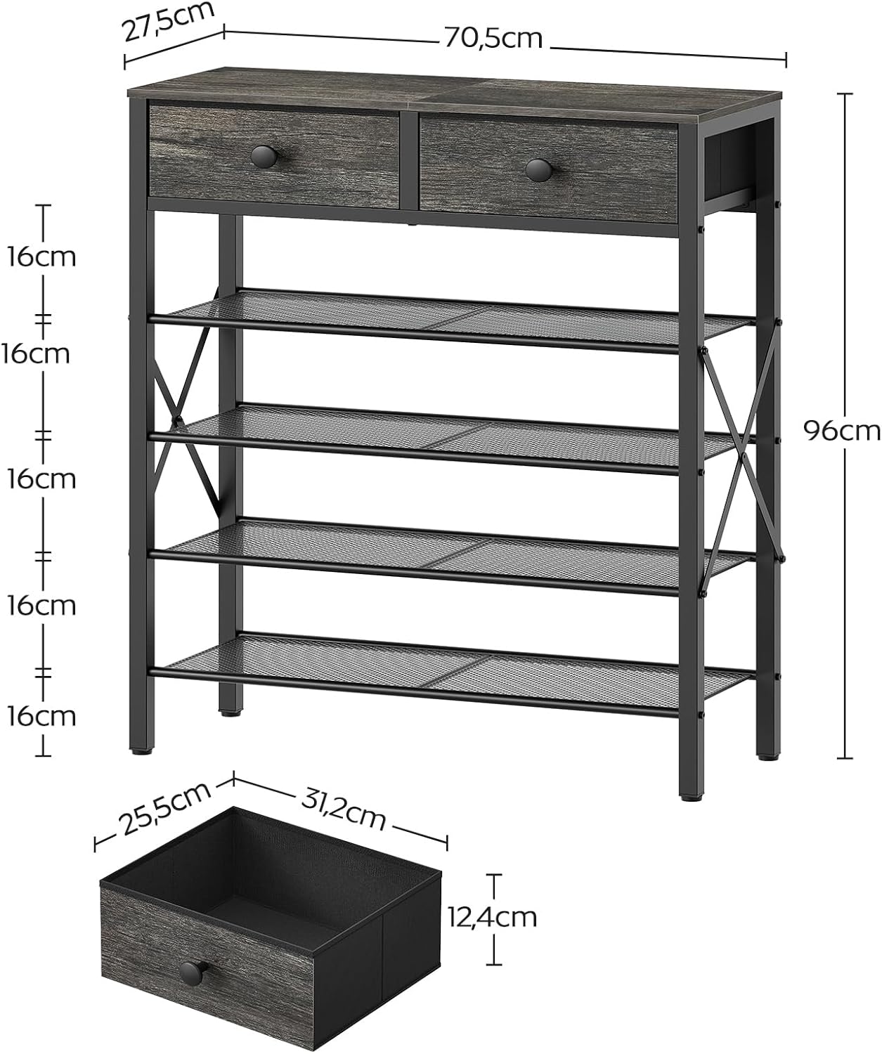 Schuhregal mit 5 Ebenen und 2 Stoffschubladen, 70,5 x 27,5 x 96 cm Anthrazitgrau + Schwarz