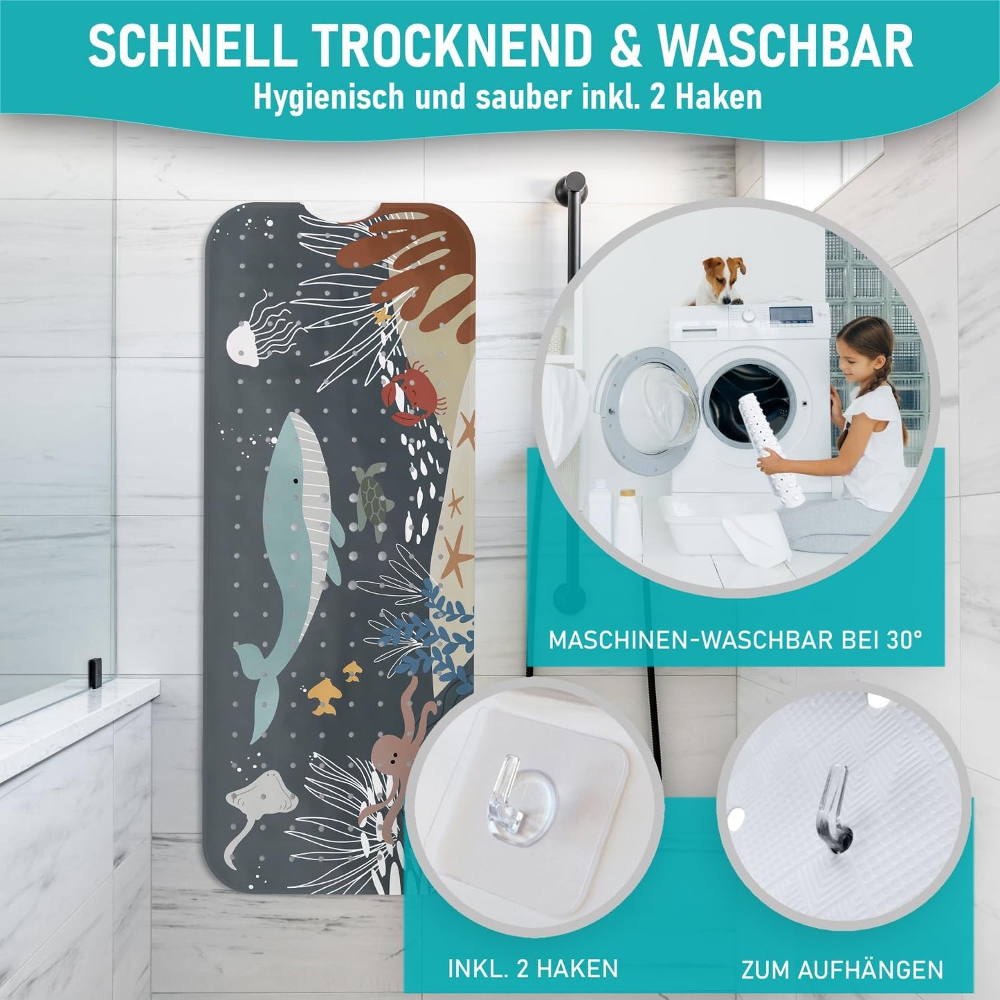 Rutschfeste Badewannenmatte, 100x40 cm, Badewannenmatte Wasserwelt Dunkelgrau