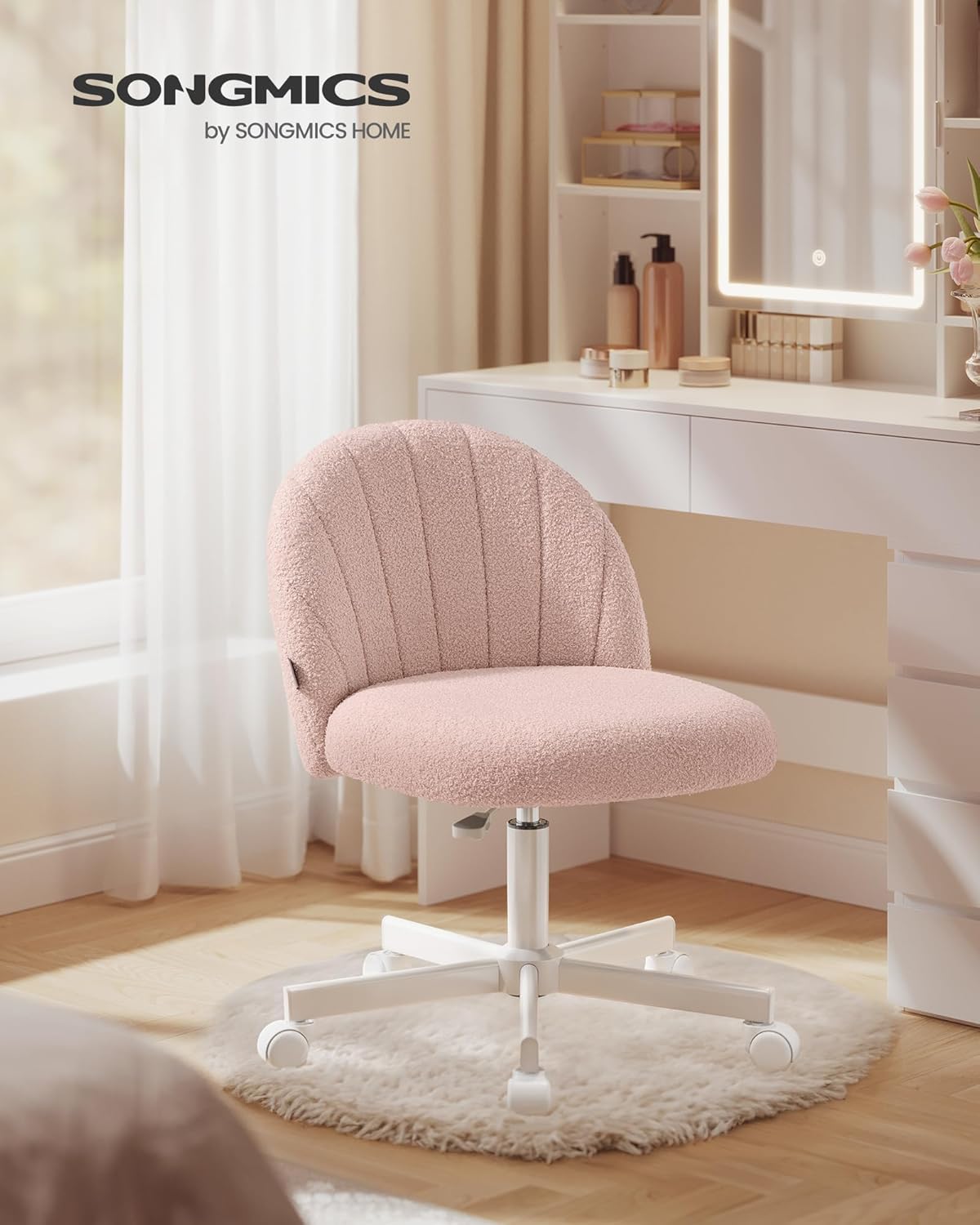 Höhenverstellbarer Drehstuhl, Rosa Sherpa-Stoff