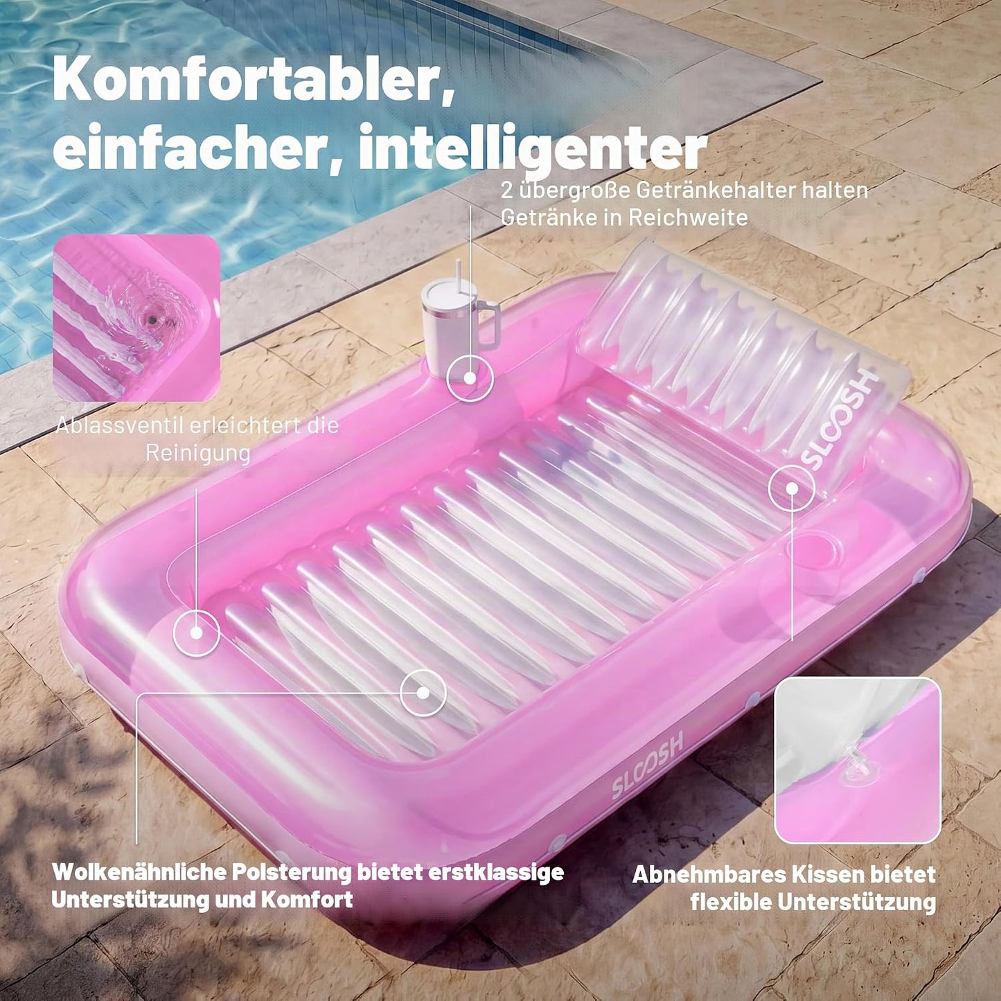 Aufblasbarer Sonnenpool mit abnehmbarem Kissen und Getränkehalter, Rosa-Weiss XL