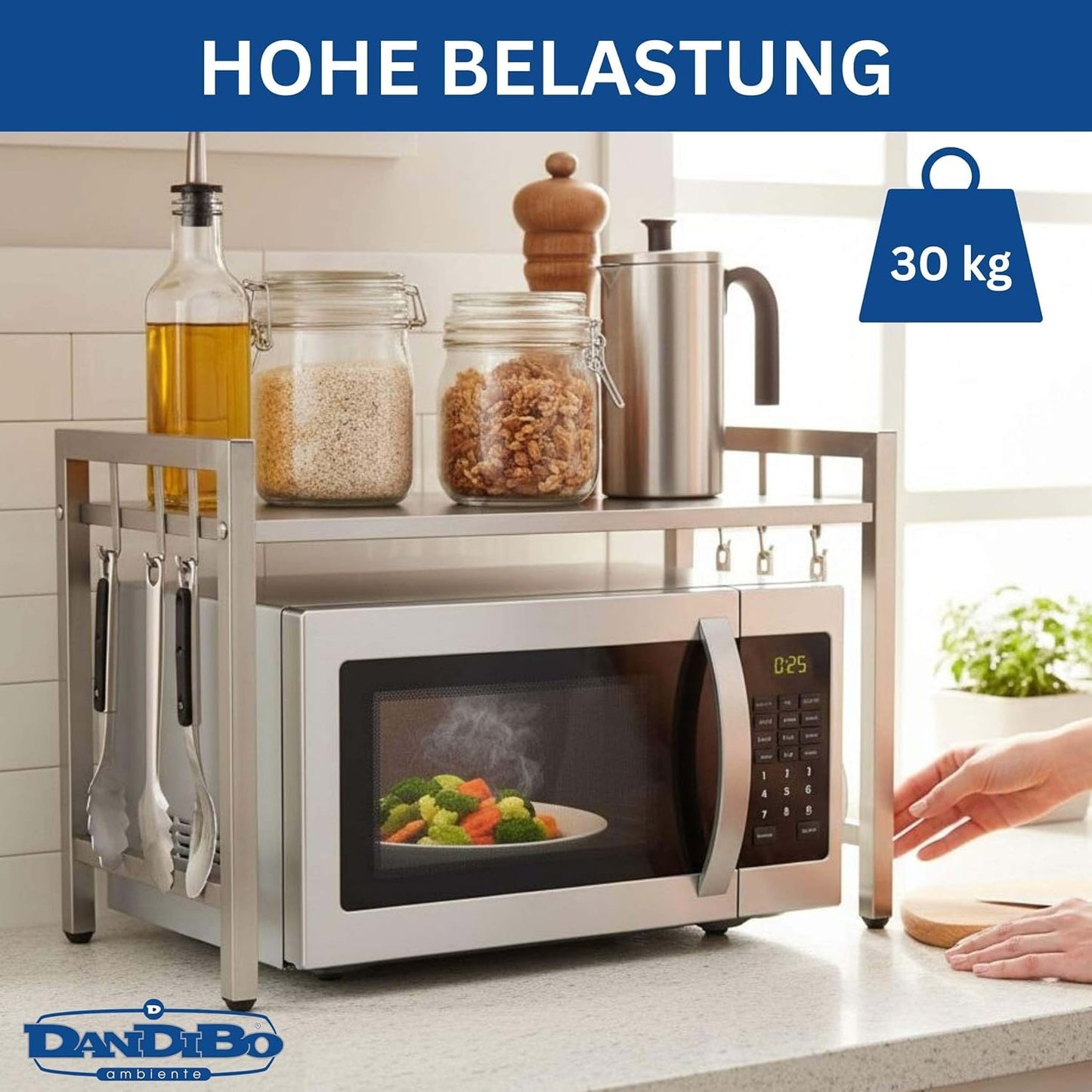 Verstellbares Mikrowellenregal 2-stufig, Silber/Edelstahl 2 Stufig / Höhe 46 cm