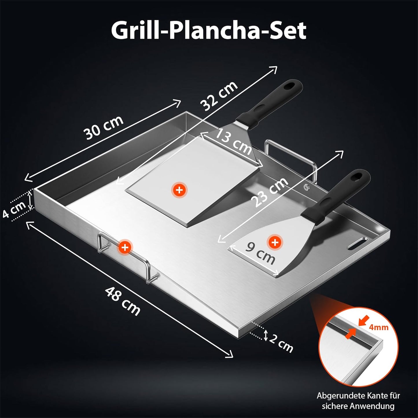 Plancha Grillplatte Edelstahl, 40 x 30 x 4 cm