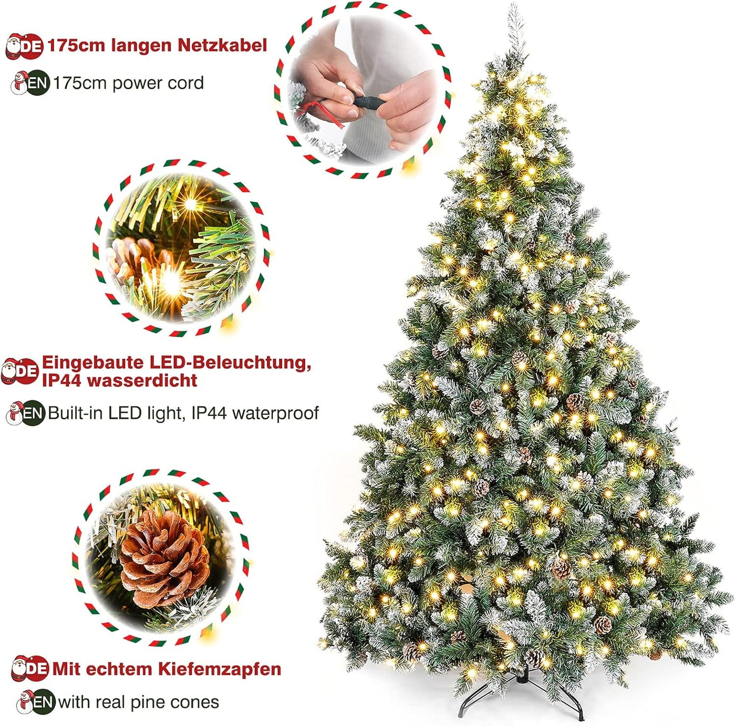 Künstlicher LED-Weihnachtsbaum mit Schneeoptik und Tannenzapfen, 150cm