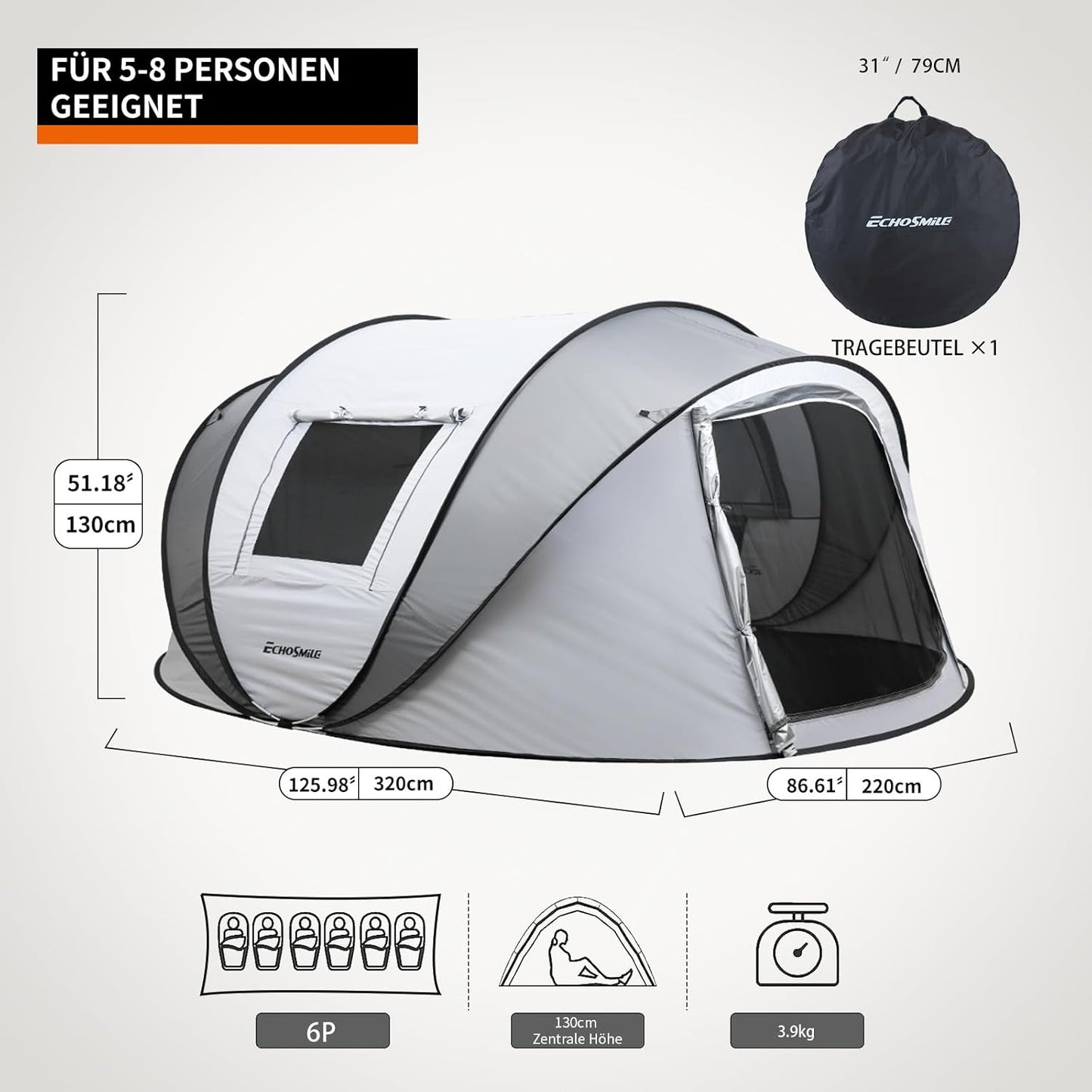Pop-up Campingzelt für 5-8 Personen, wasserdicht, Weiss & Grau(5-8 Personen)