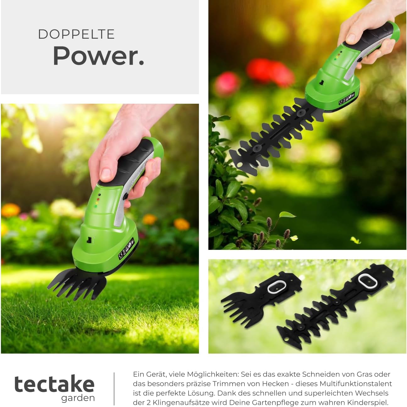 Akku-Heckenschere mit Grasschere und Teleskopstange