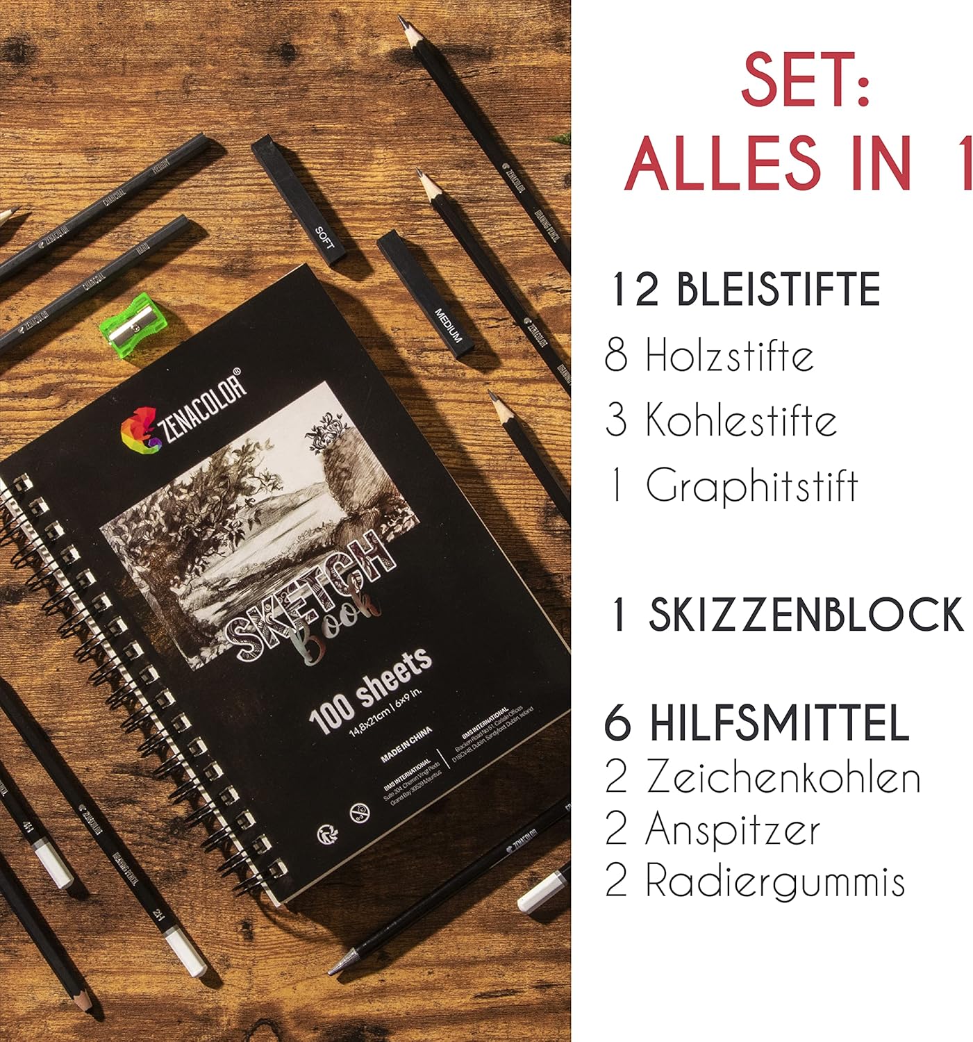 Skizzenbuch mit 18-teiligem Zubehörset