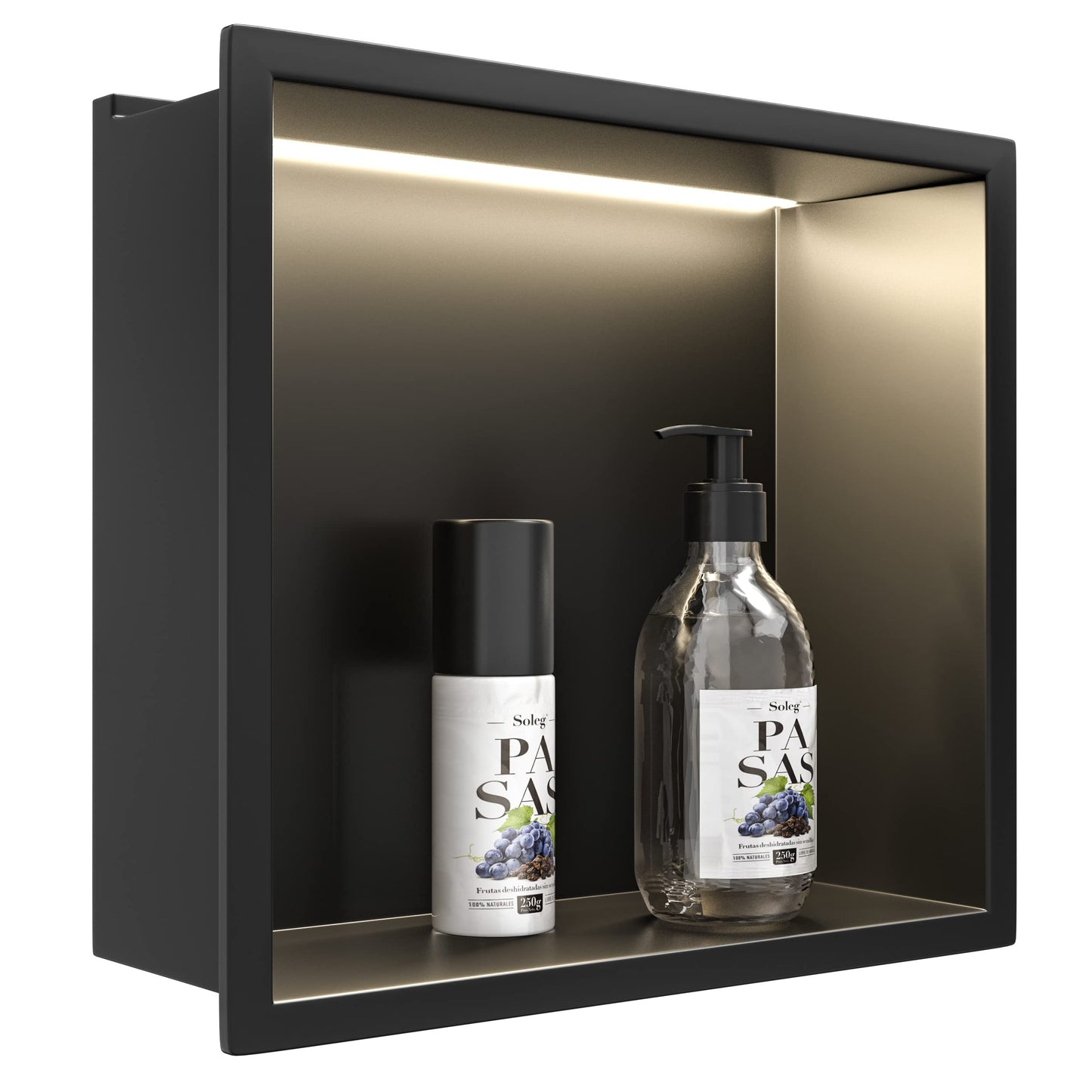 Wandnische Dusche mit LED-Licht, Edelstahl, 30x30 cm, Schwarz 30 x 30 x 10 cm