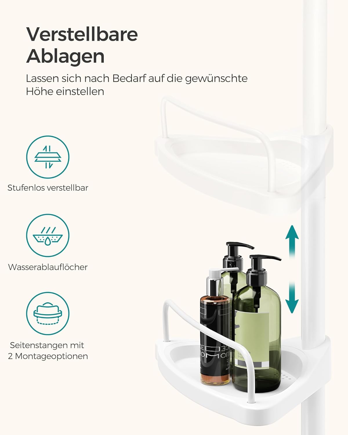 Teleskop-Duschregal mit 4 Ablagen (85-305 cm), Weiss/Flyaway Orchidee