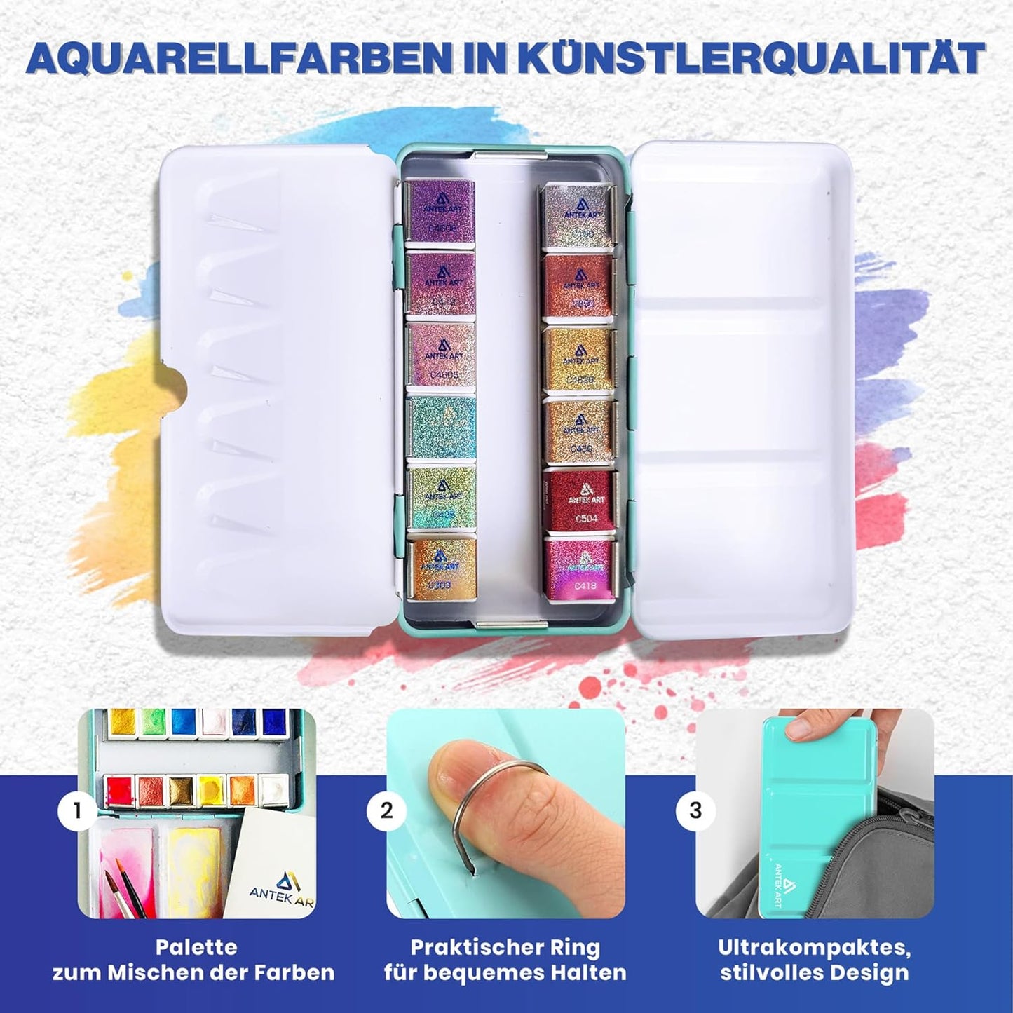 12-teiliges Aquarellfarben-Set im Metallkoffer, Metallic Glitzer, 12 Glitzerfarben