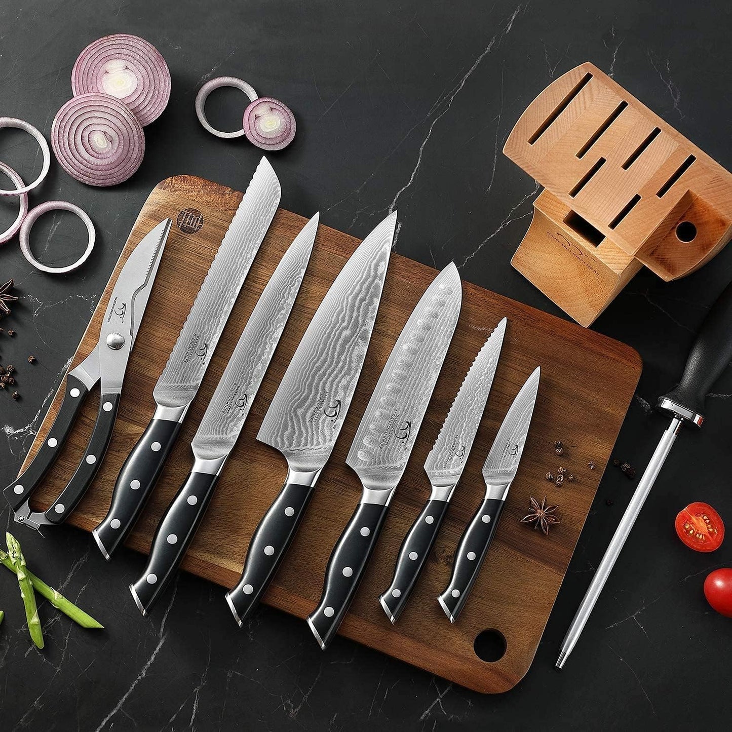 Messerblock Set, Holz, 9er Damastmesser Set