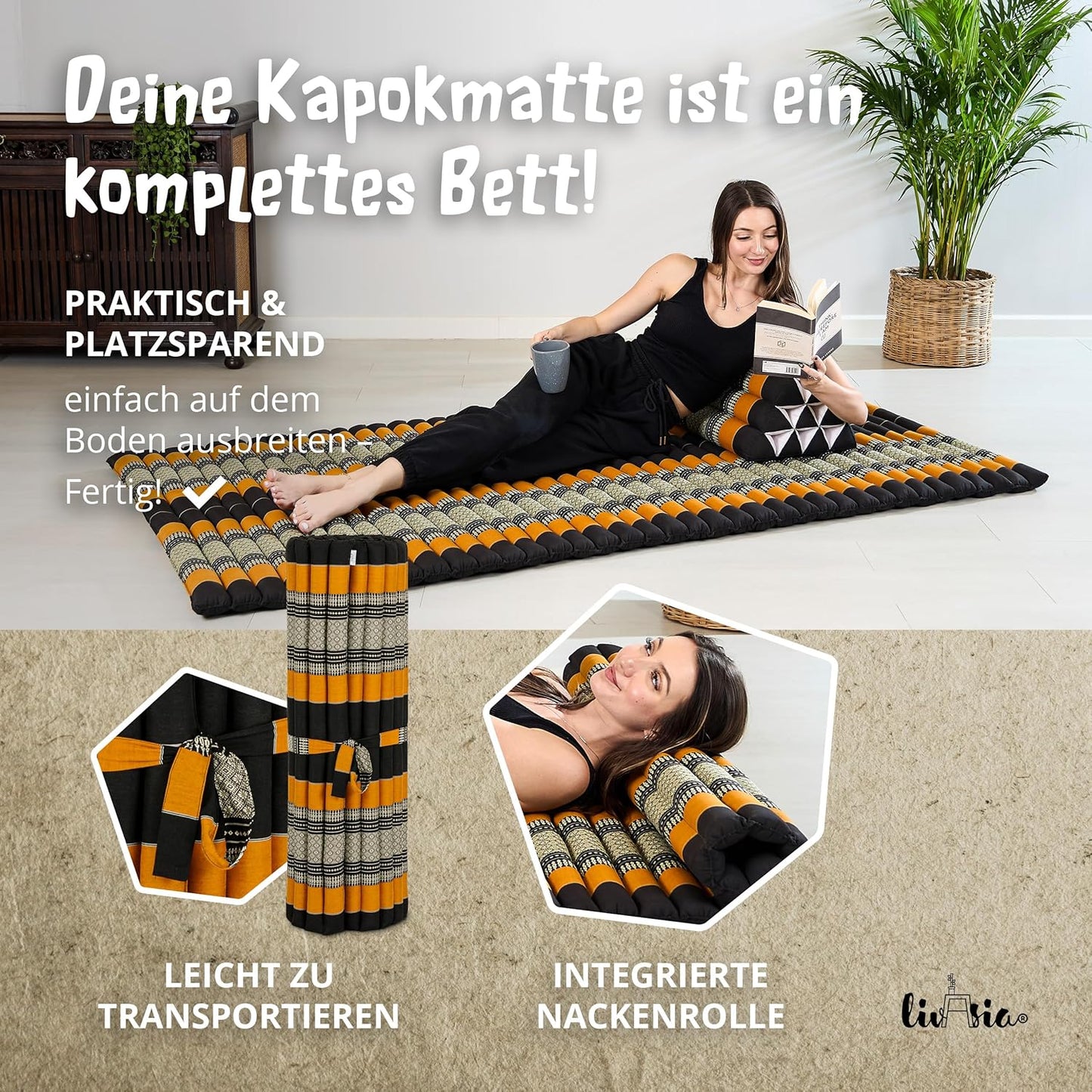 Rollmatratze Gästebett (200x110cm) Outdoor-Thaimatte, L (200 x 110 cm) Schwarz/Orange
