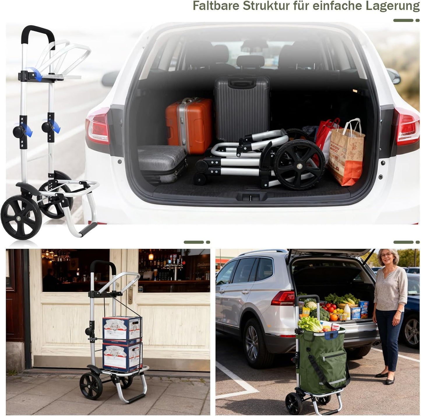 3in1 Einkaufstrolley, klappbar, mit Kühlfach, Olivgrün