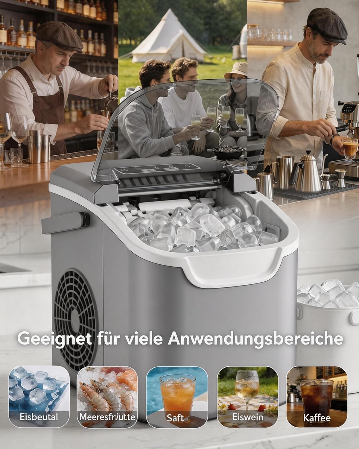 Eiswürfelmaschine mit Selbstreinigung, Kühlgrau