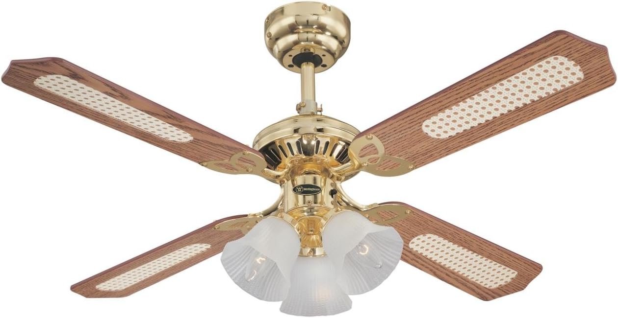 Deckenventilator Princess Trio inkl. Leuchten-Set, Ausführung in Poliertem Messing mit Wendeflügeln in Eiche mit Rattan/Mahagoni