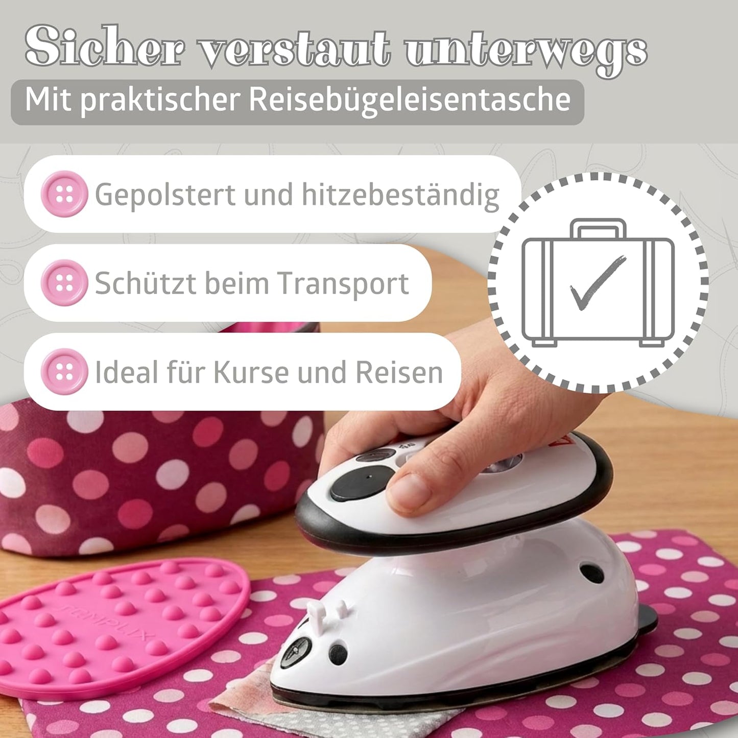 4-teiliges Bügelset mit Mini-Dampfbügeleisen, Pink