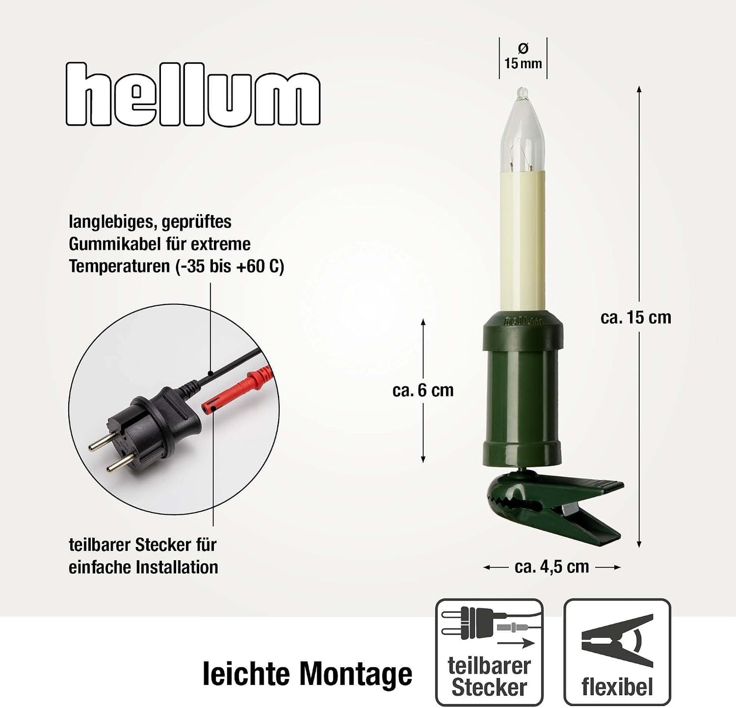 Weihnachtslichterkette mit 15 Clips für aussen, 15 Lichter (Schaft) / 11.2 m beleuchtet Ivory