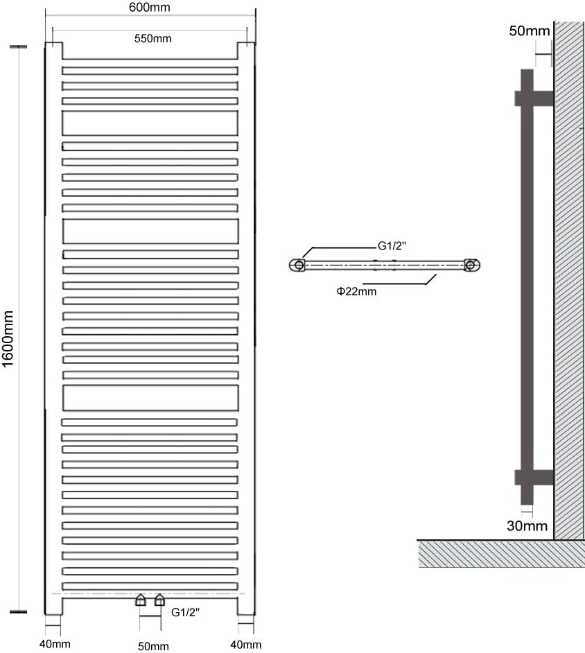 Badheizkörper Handtuchwärmer, mittelanschluss, 600 x 1600 mm Weiss