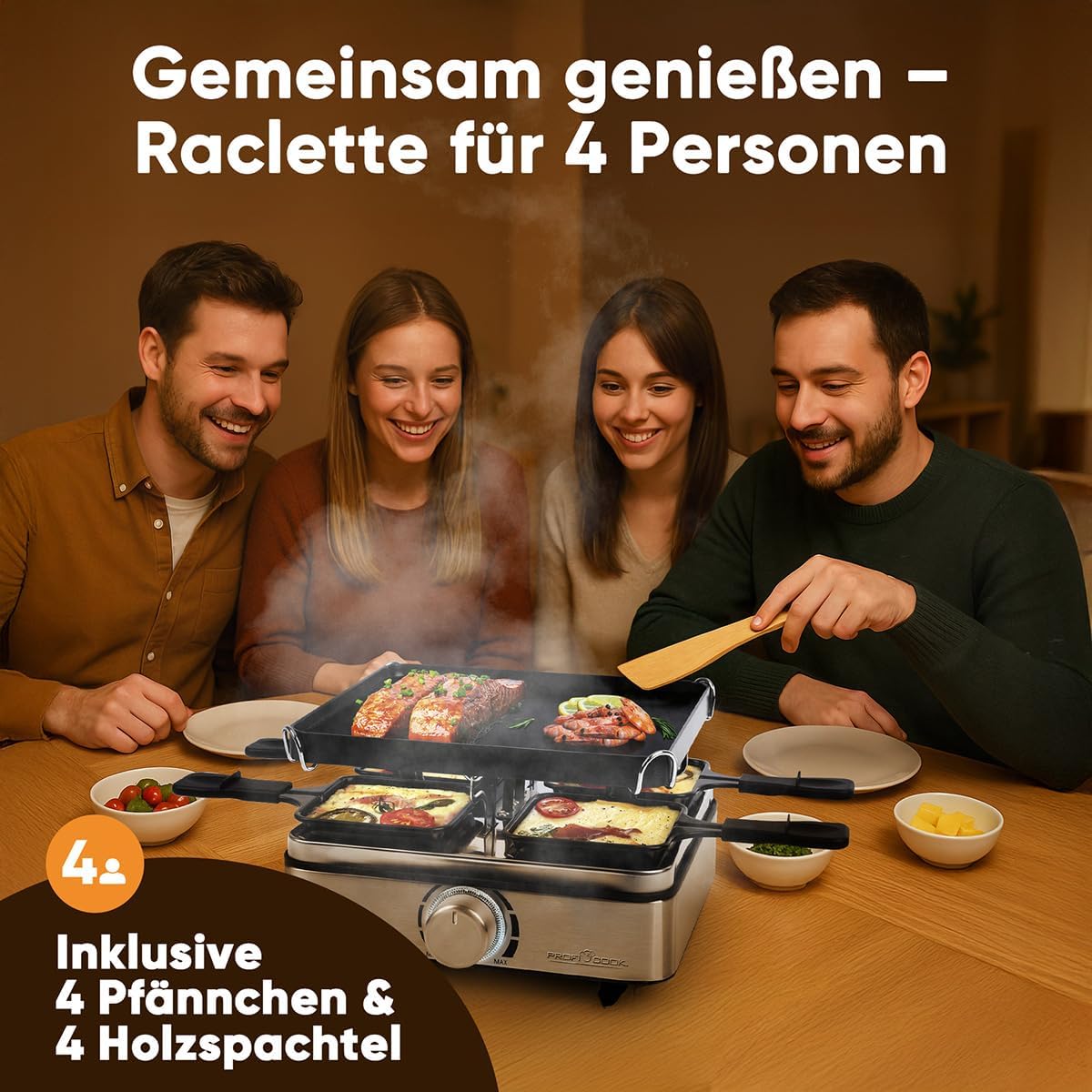 Raclette-Grill für 4 Personen mit Wendegussplatte, Edelstahl