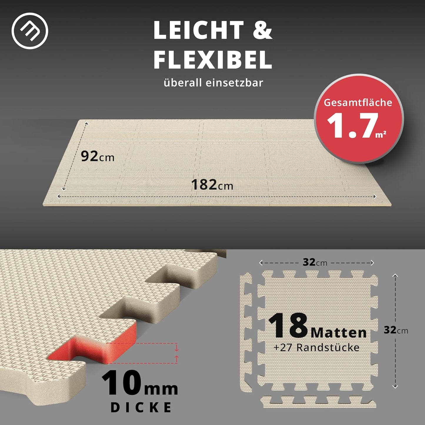 Puzzlematten-Set für Fitness & Gymnastik, Warm Sand | 18 Matten | 1,67 M² 32L x 32B x 1D cm