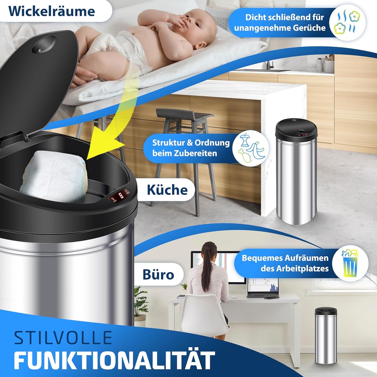 Sensor Abfalleimer mit Automatik-Funktion, 30 Liter Silber