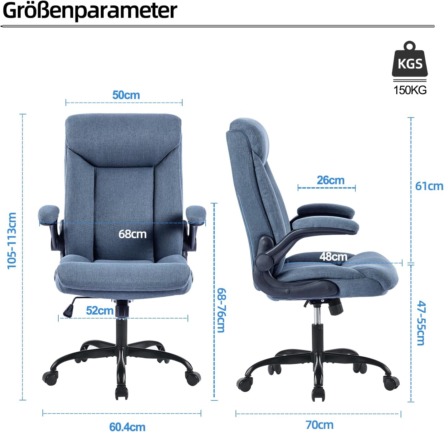 Ergonomischer Bürostuhl mit klappbarer Armlehne, Blau Stoff