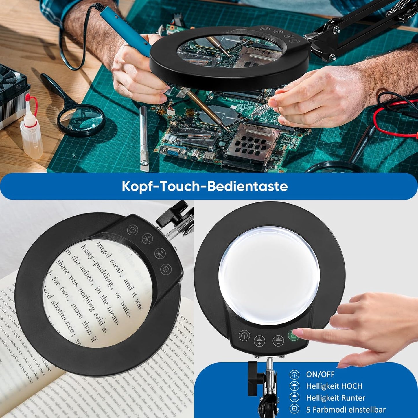 2er-Set Beleuchtete Lupe mit Klemme, Schwarz 2 Stück