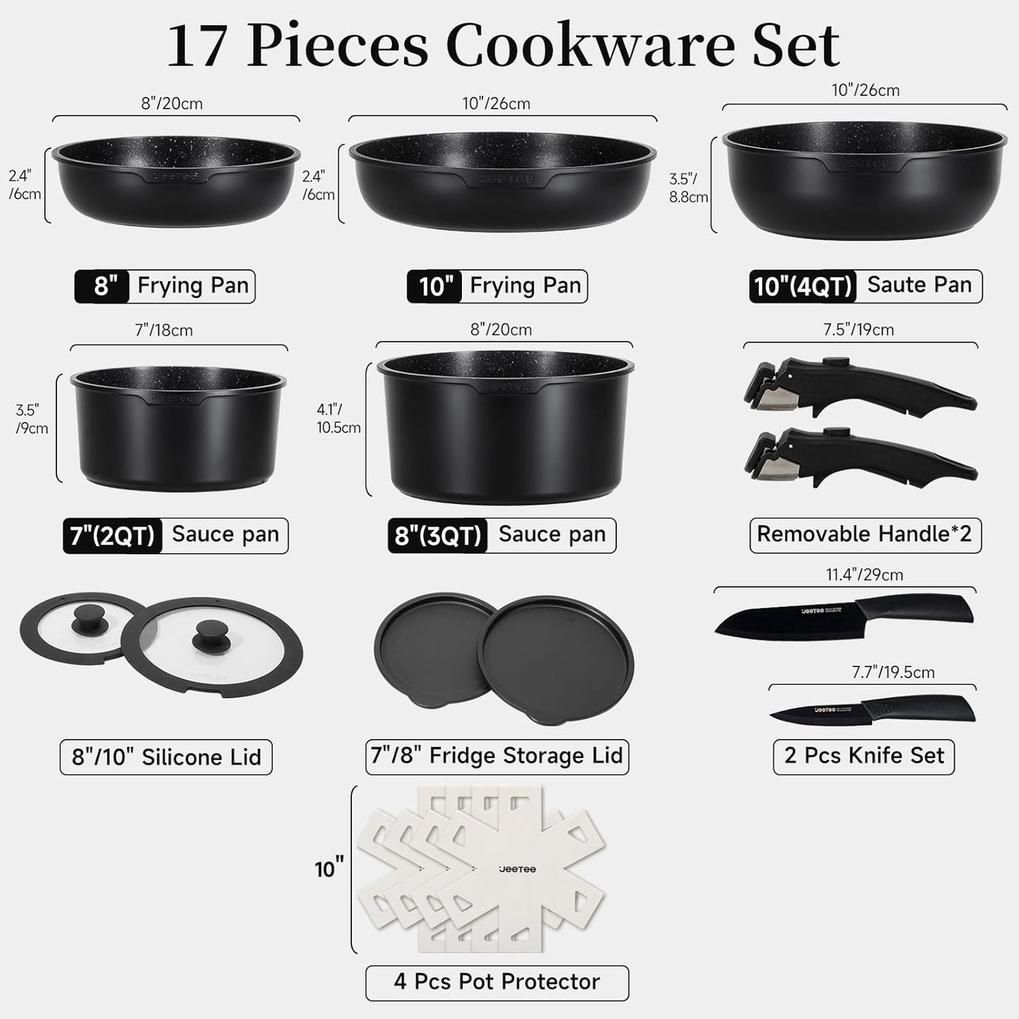 17-teiliges Topf- und Pfannenset mit abnehmbaren Griff, 17 PCS - KC5JT-HE-DE
