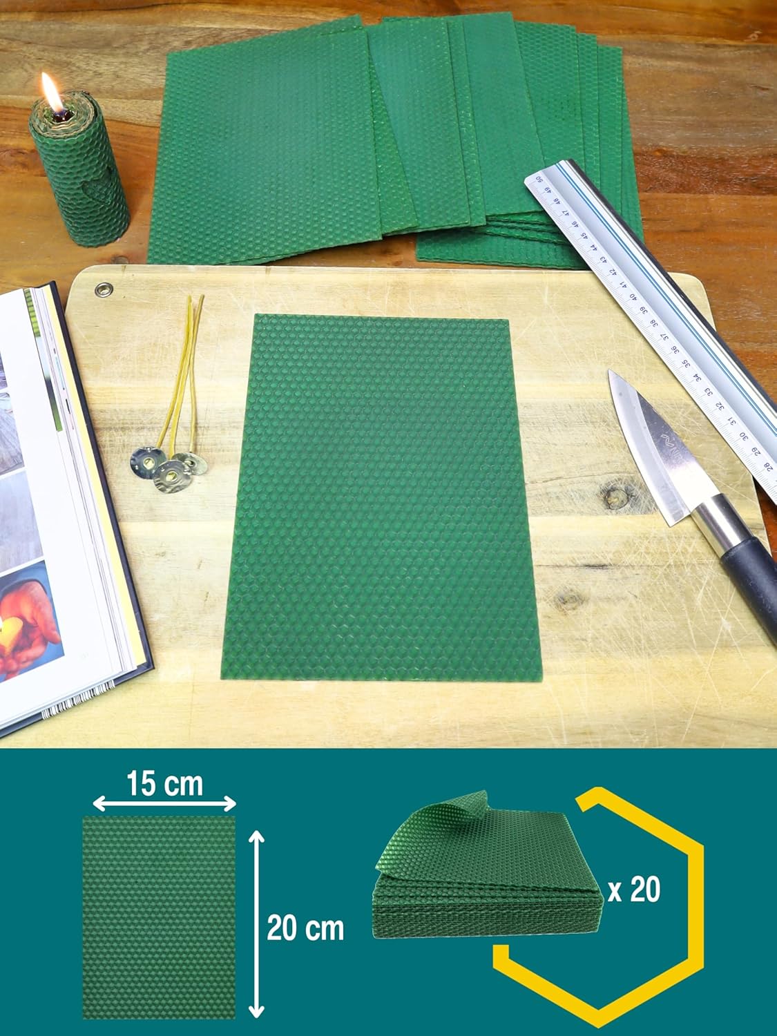 20er Set Bienenwachsplatten für Kerzenherstellung, Dunkelgrün | 20 x 15 cm