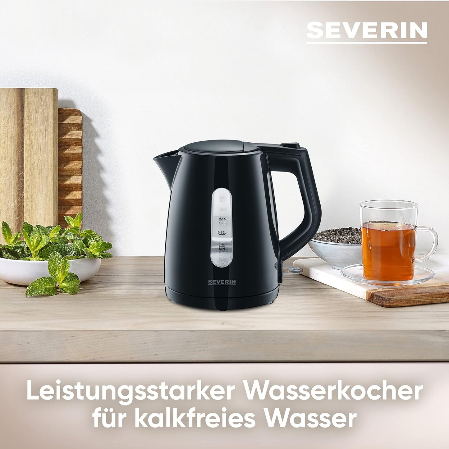 Wasserkocher mit Kalkfilter, 1L, 2200W, WK 3410, Schwarz