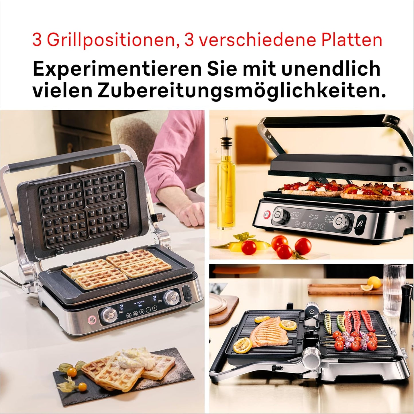 MultiGrill 9 Pro Kontaktgrill, 2 Grill-/2 Plancha-/2 Waffel-Platten, digitale Temperatureinstellung
