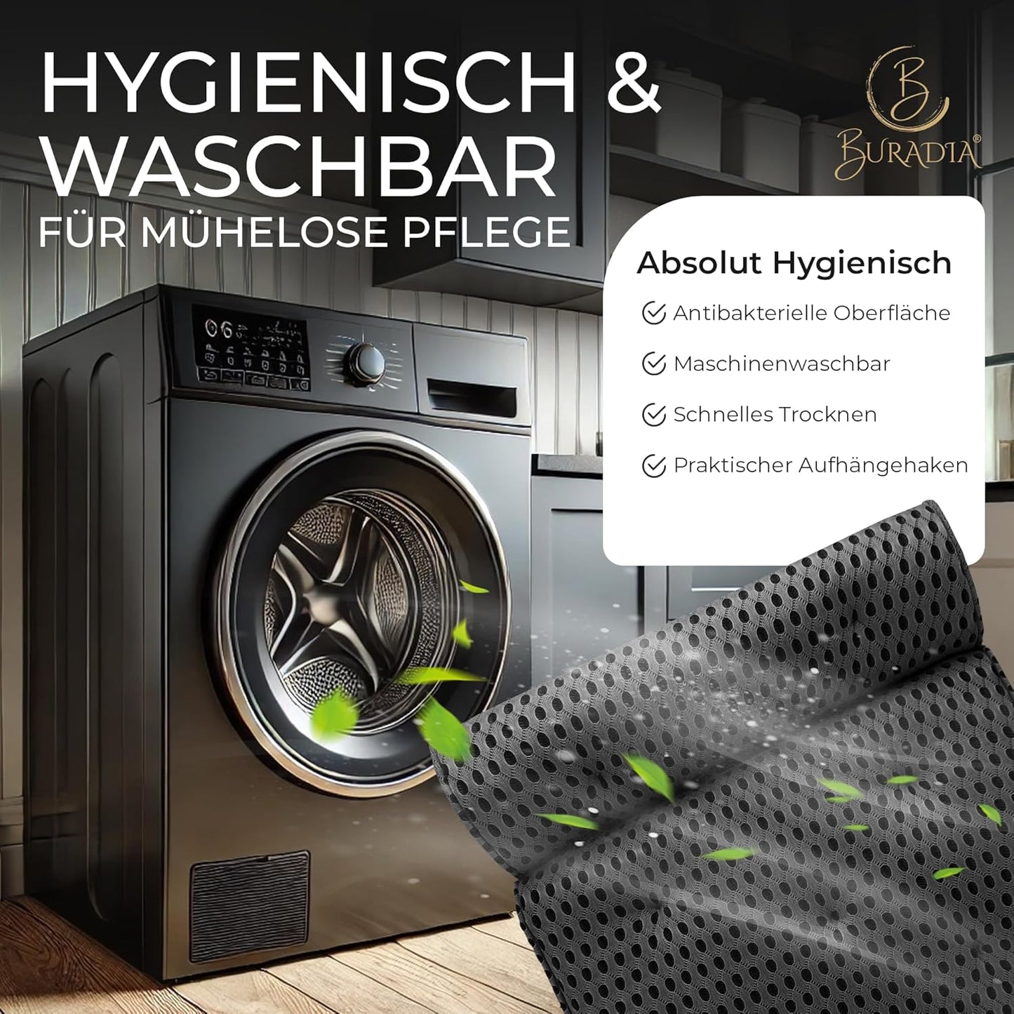Badewannenkissen mit Saugnäpfen und Wäschenetz, Grau