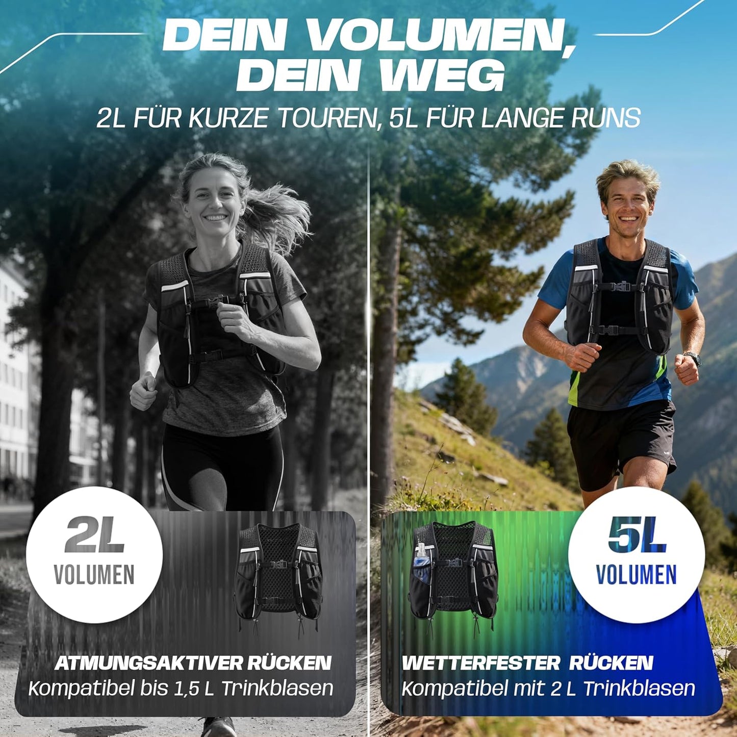 Trinkweste mit 8 Taschen, 5L - blau - mit 2x250ml 5L