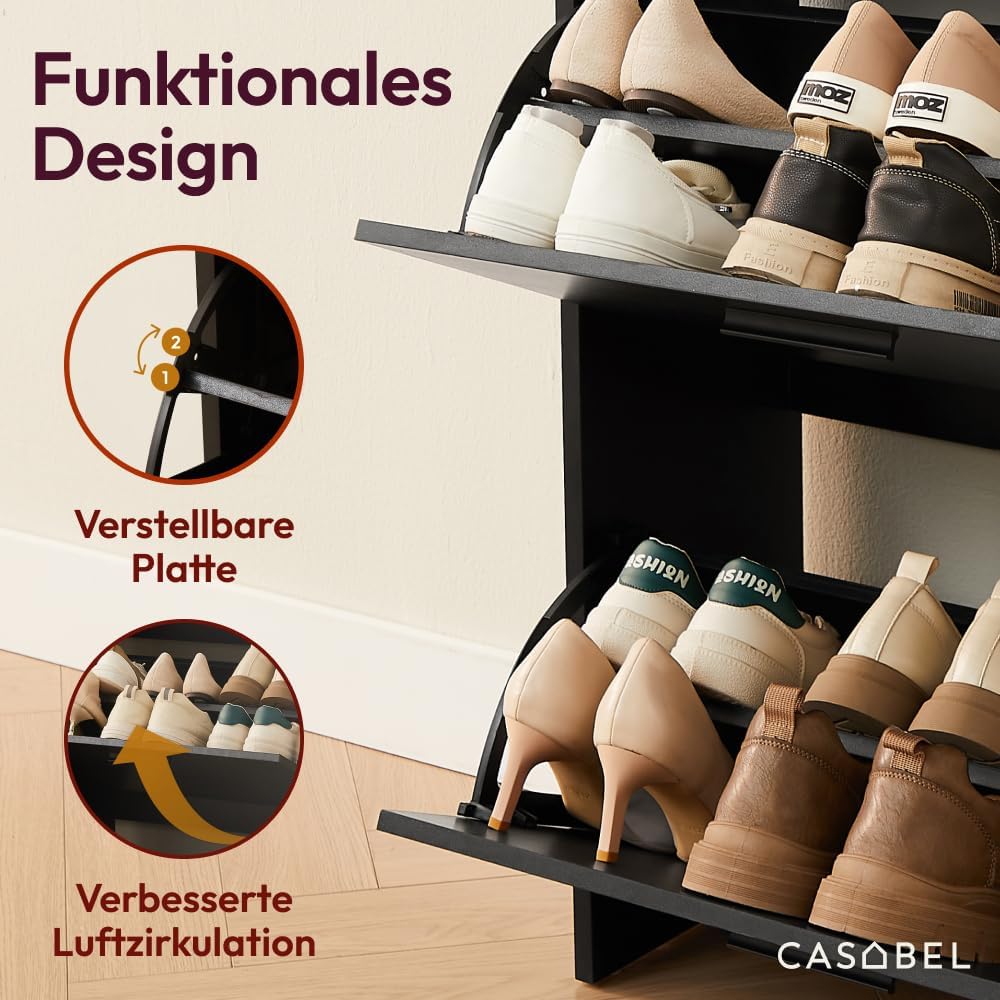Schuhschrank mit 2 Klappen für 12 Paar Schuhe, Schwarz 2 Türen