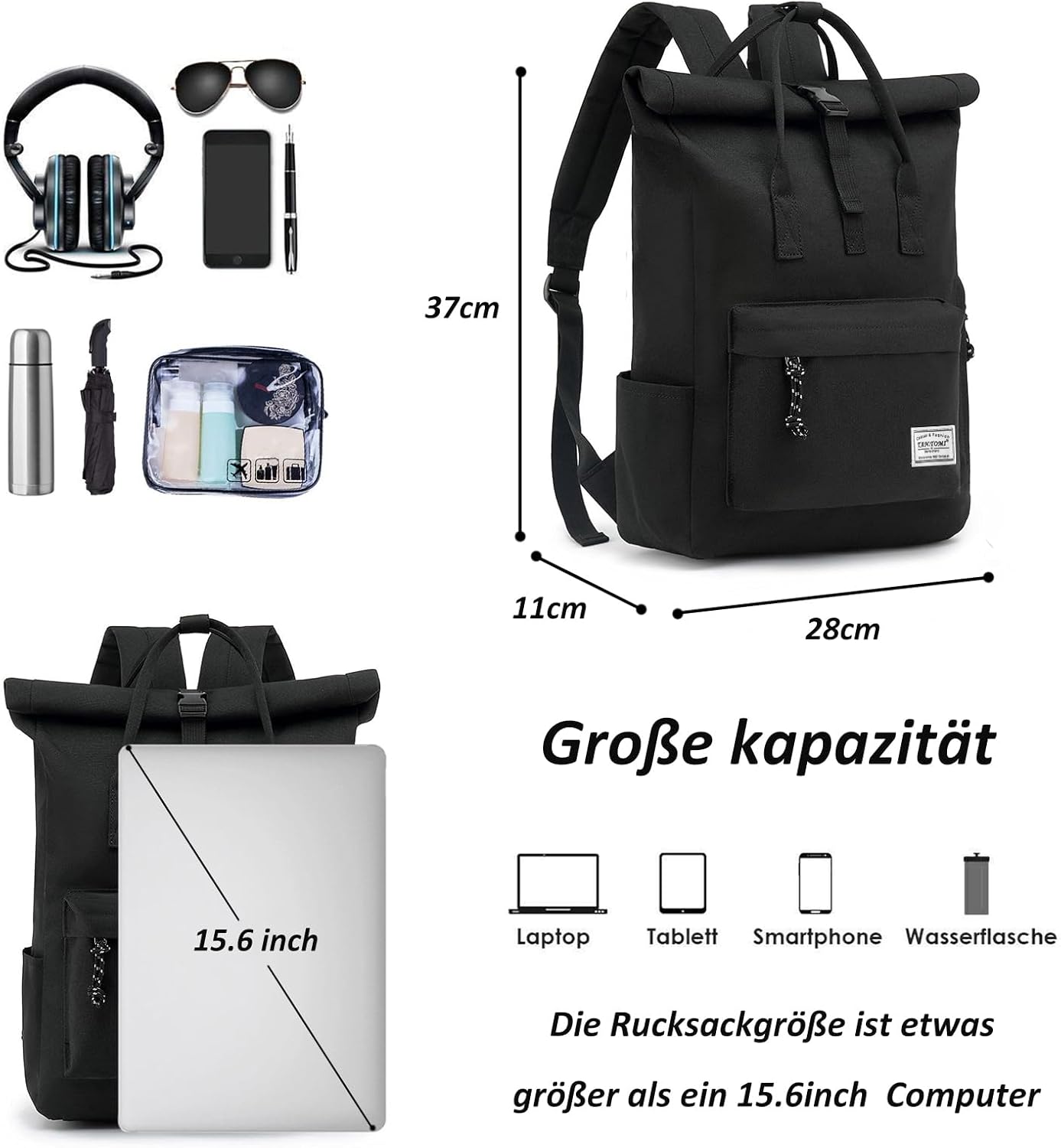 Wasserdichter Laptop-Rucksack, Schwarz 01