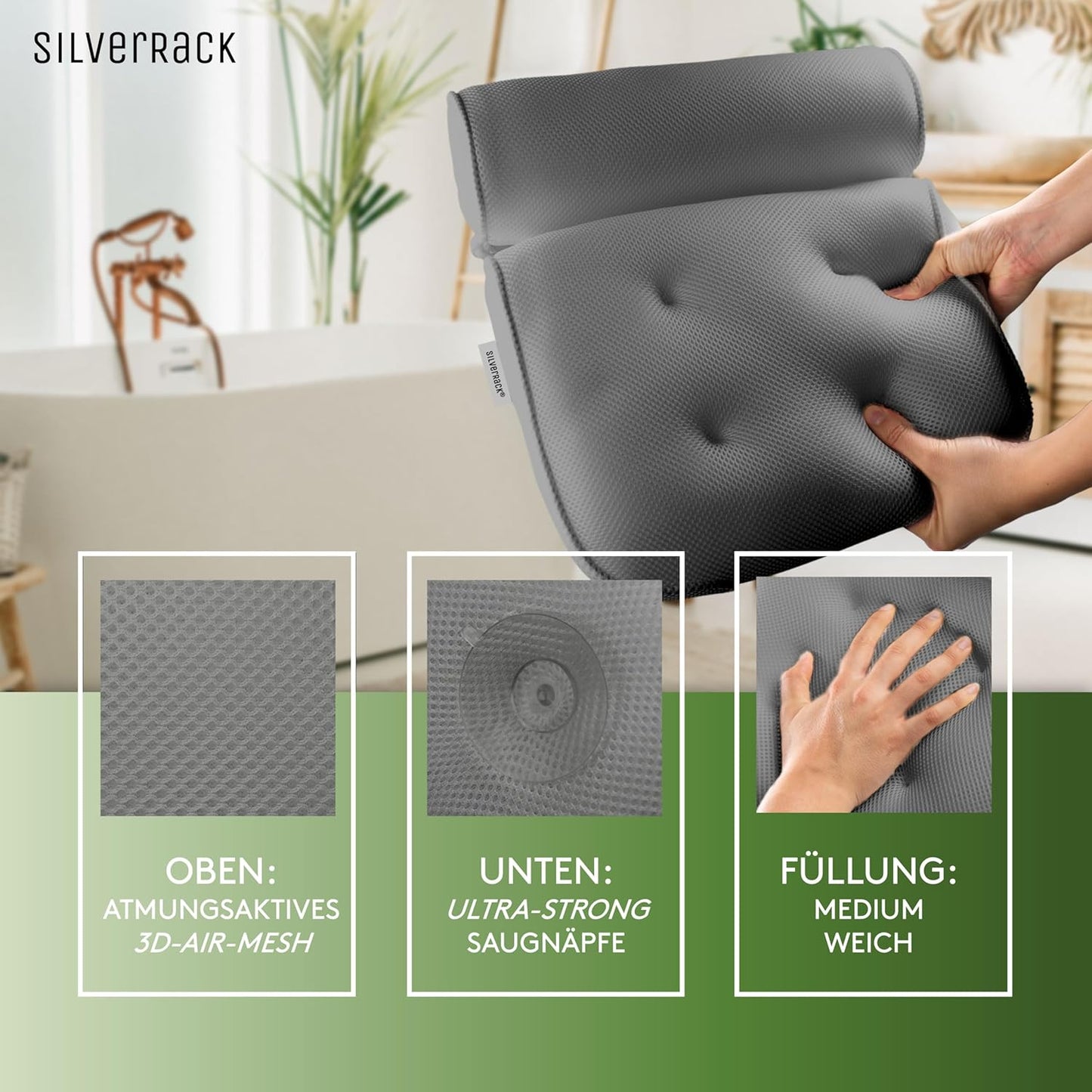 Ergonomisches Badewannenkissen mit Saugnäpfen, 3D Grau