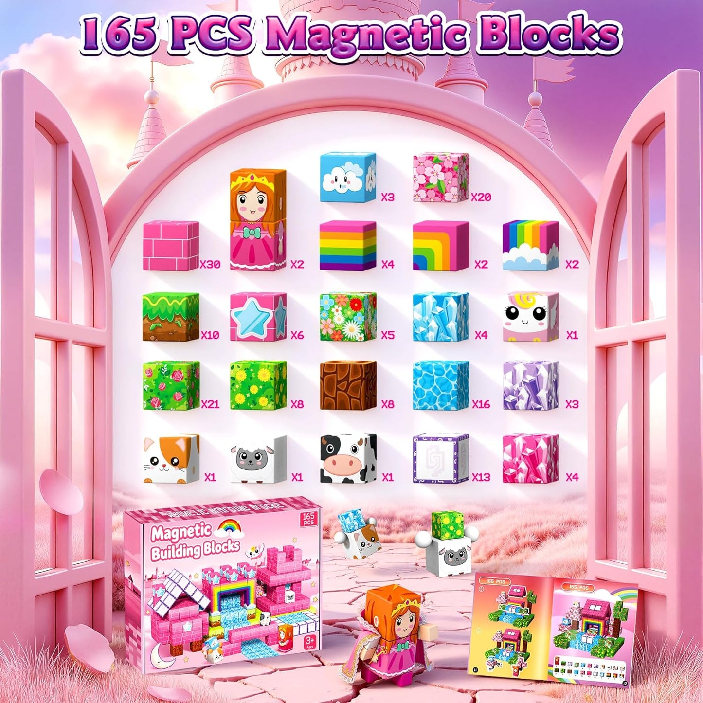 Magnetische Bausteine-Set (165 Teile, ab 4 Jahre), Regenbogen (Inkl. Rosa)