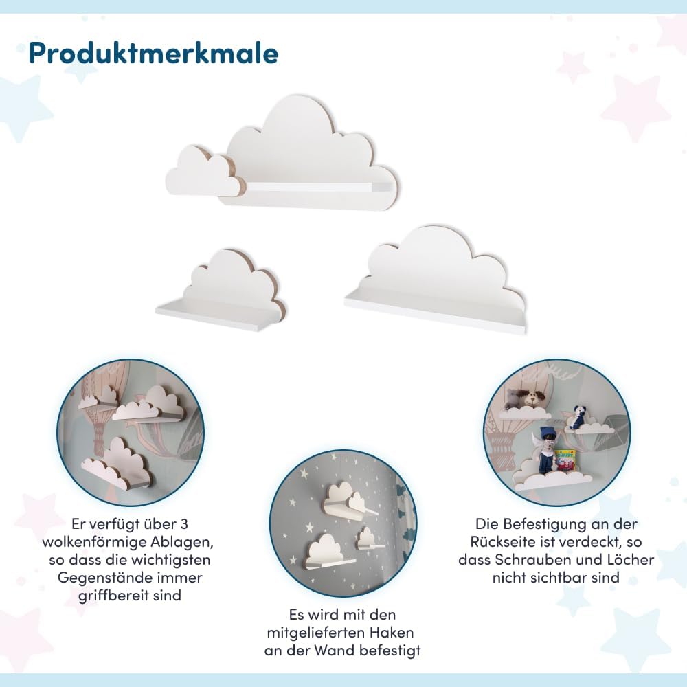 3-teiliges Wolken-Wandregal-Set für Kinderzimmer, Laguna Elegance