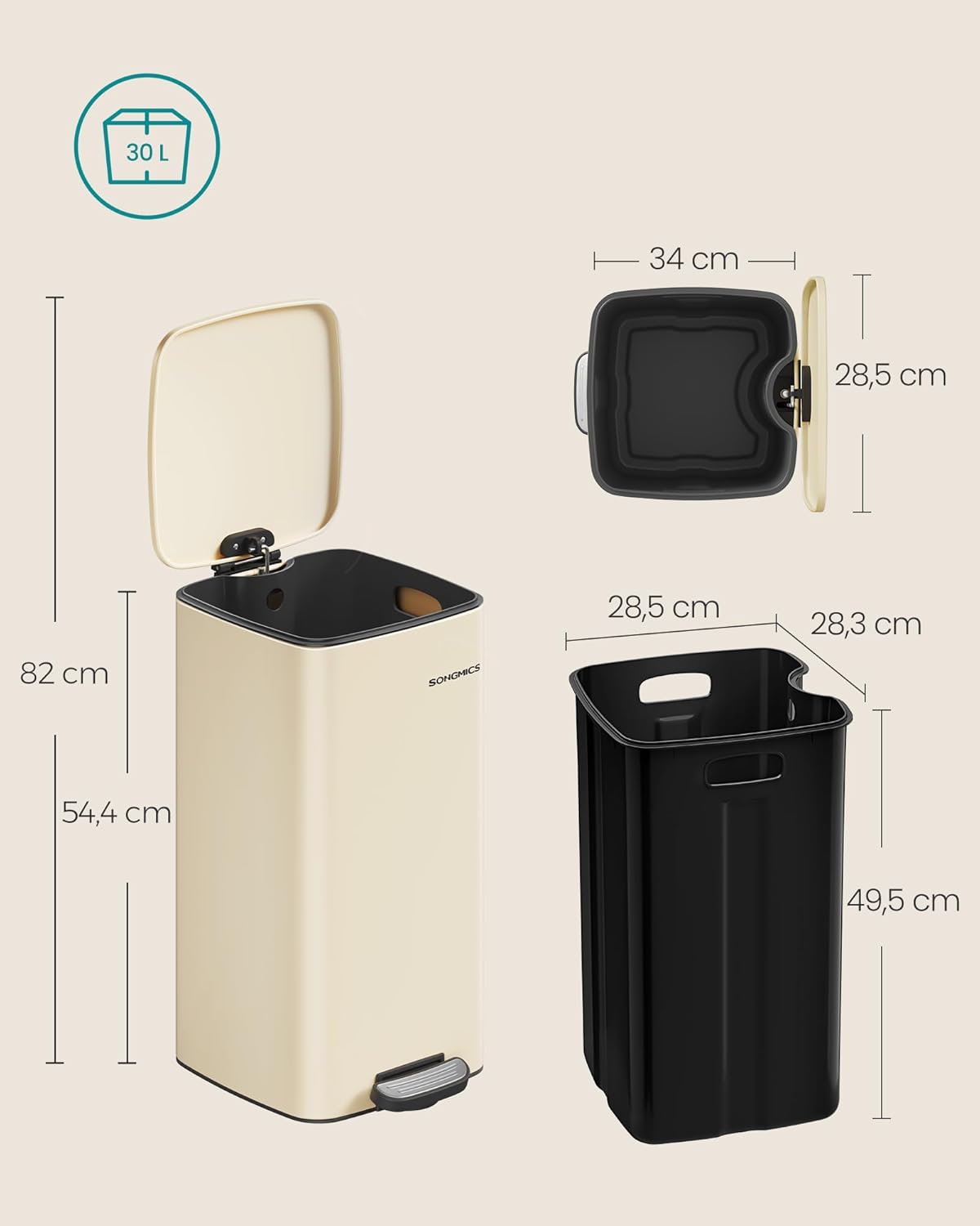 Tretmülleimer mit Softclose, sandbeige 30 L