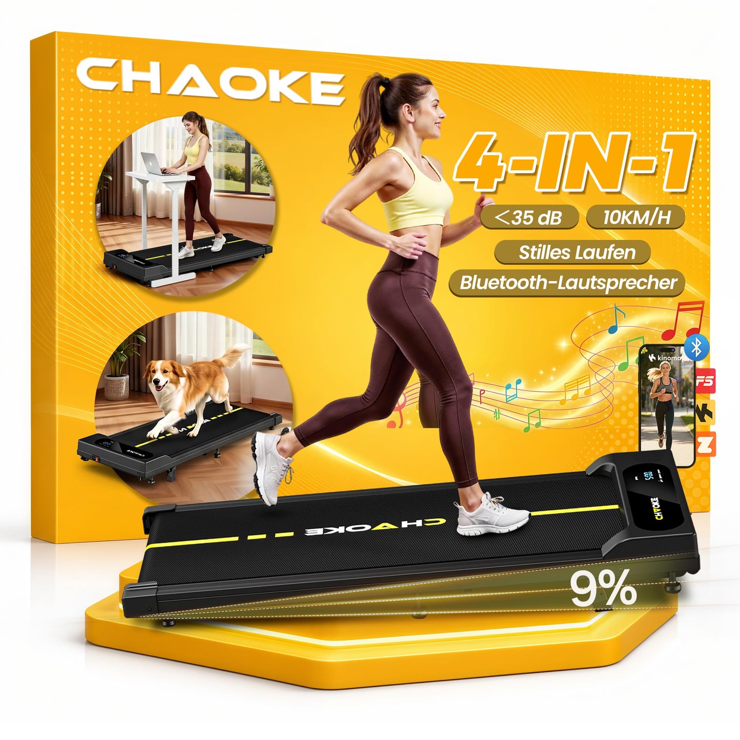 Walking Pad mit Steigung und App-Steuerung, Schwarz Gelb