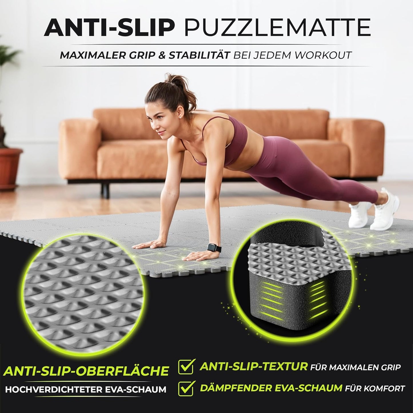Antislipx Schutzmatten Puzzlematte-Set, Antislipx Double-sided Anthrazit/Grau | 18 Matten | 1,67 M², 32L x 32B x 1D cm
