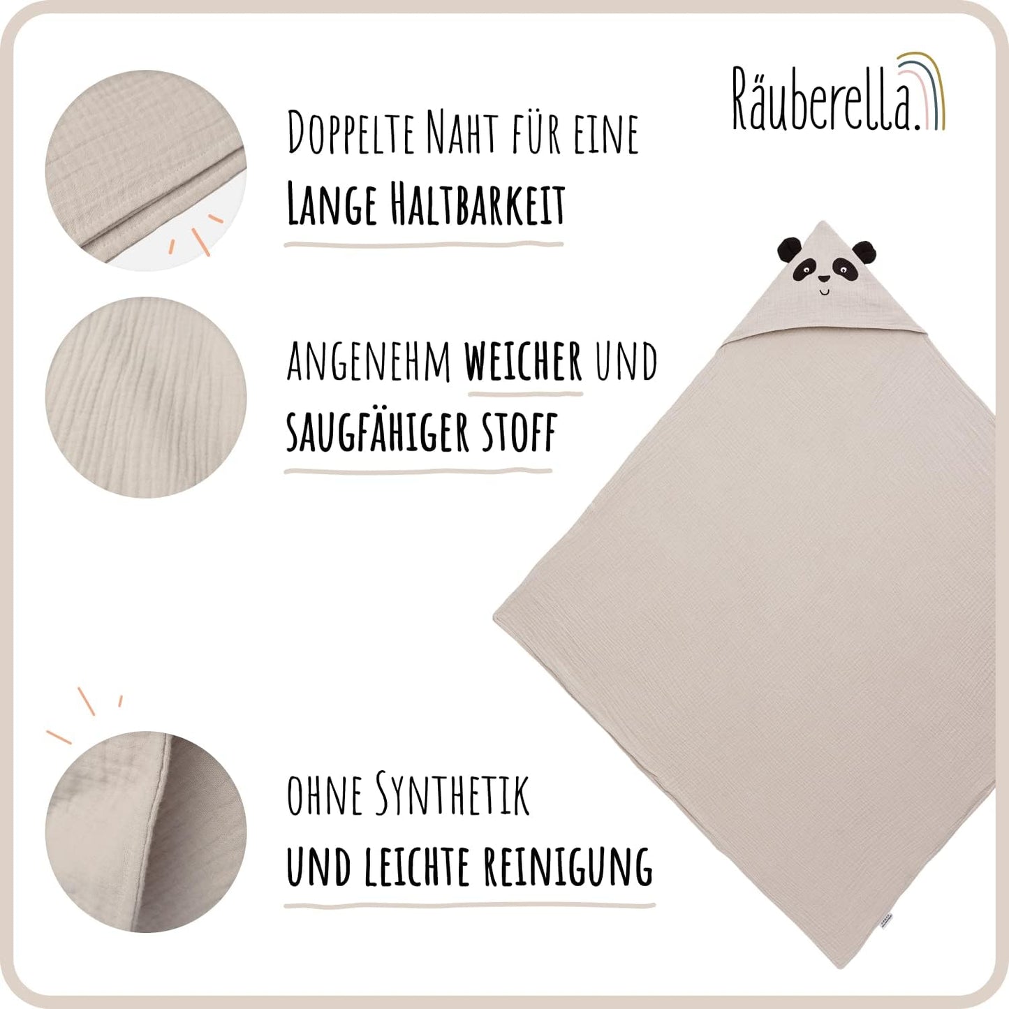 Panda Baby-Kapuzenhandtuch, 80x80cm, Beige