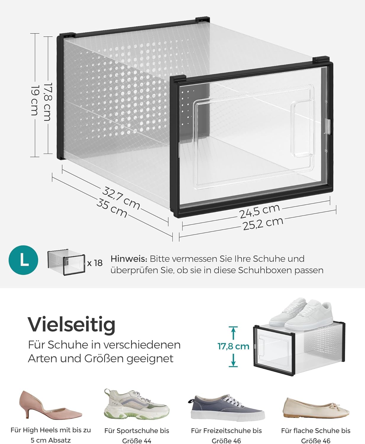 18er Set Stapelbare Schuhboxen, Transparent + Schwarz 18er Set für Schuhe bis Größe 46