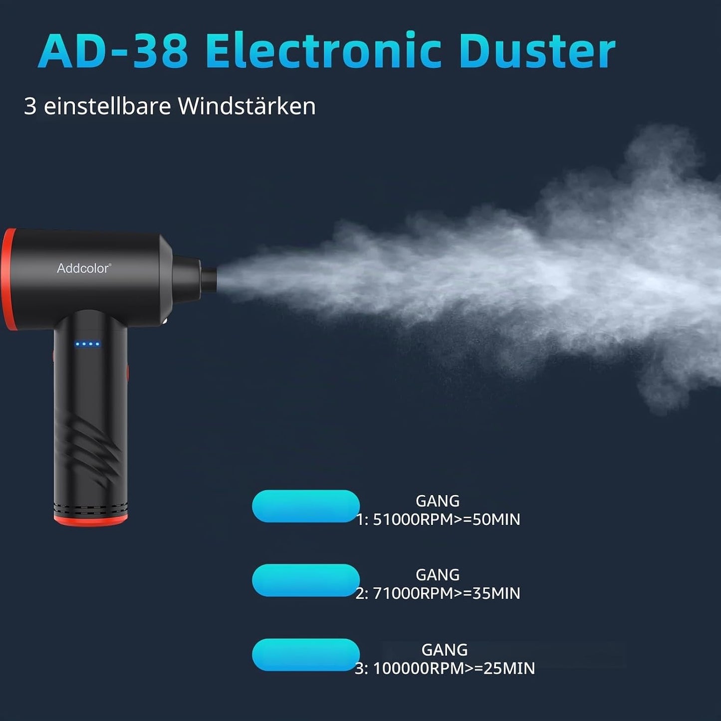 Elektrisches Staubgebläse AD38 mit LED-Licht und 3-Gang, Schwarz