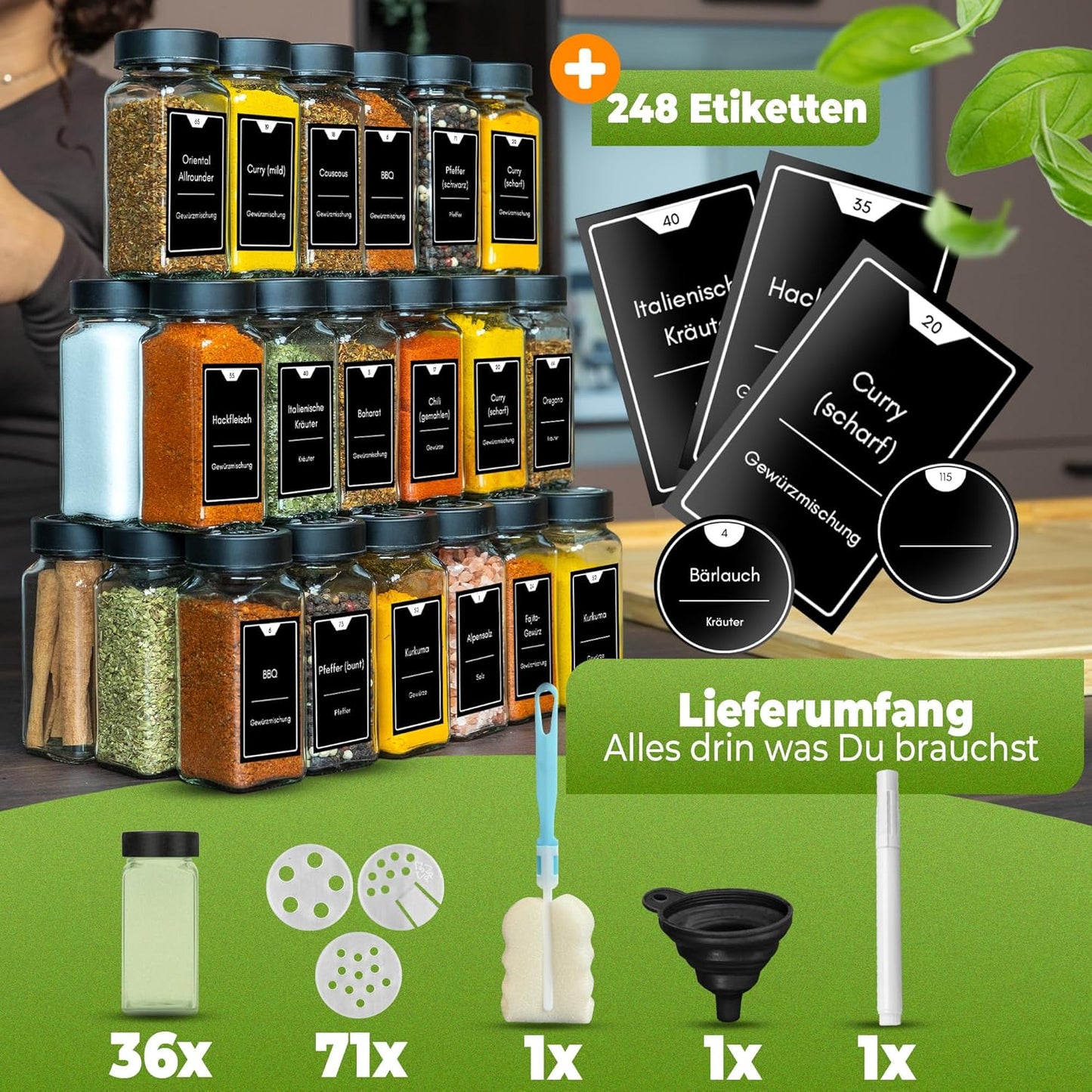 36-teiliges Gewürzgläser-Set mit Streueinsatz, 36er Set - Mattschwarz
